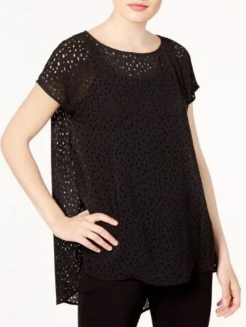 Eileen Fisher Black Laser Cut Layered Top S Minimalist Chic Flowy Oversized